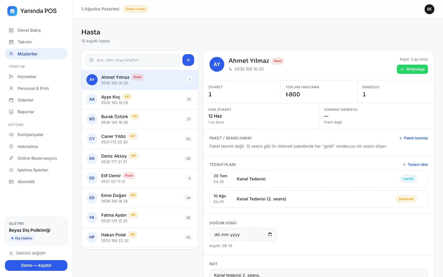Müşteri ve hasta CRM ekranı